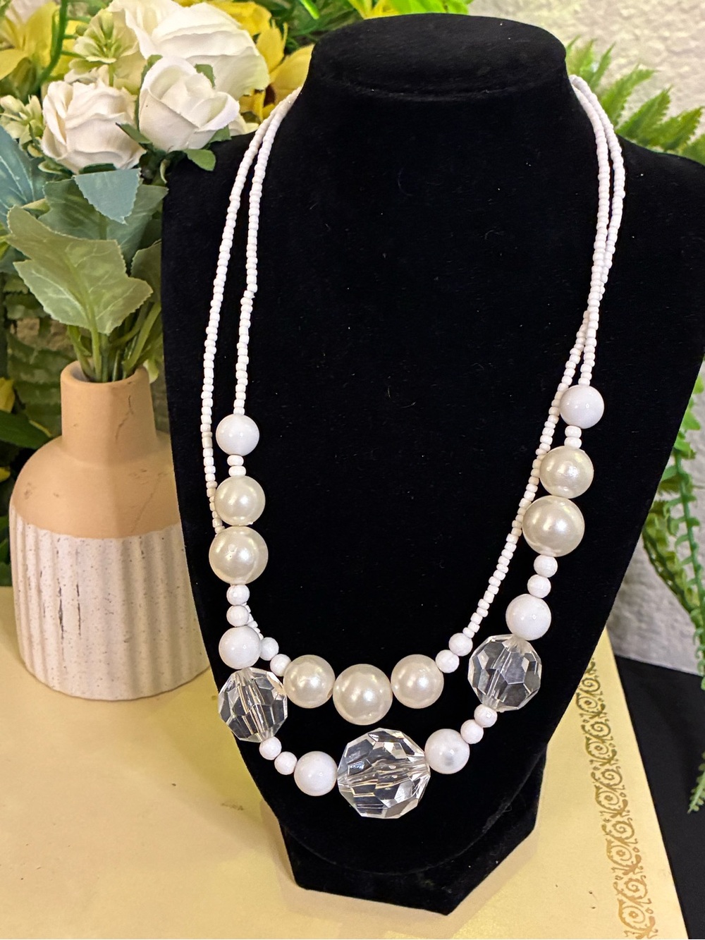 Source Unknown White Pearl and Clear Crystal Double-Strand Necklace
